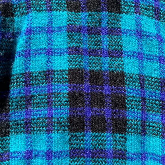 Vintage 1980s men’s blue plaid cardigan sweater shawl collar, retro prep grunge - Picture 8 of 10